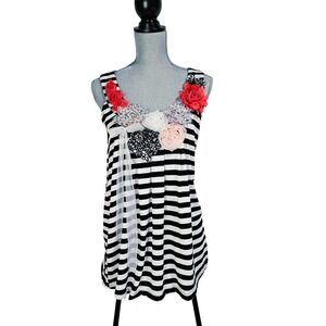 Feratelli Black White Striped Floral 3D Rosette Tank Top M Twee Coquette Whimsy